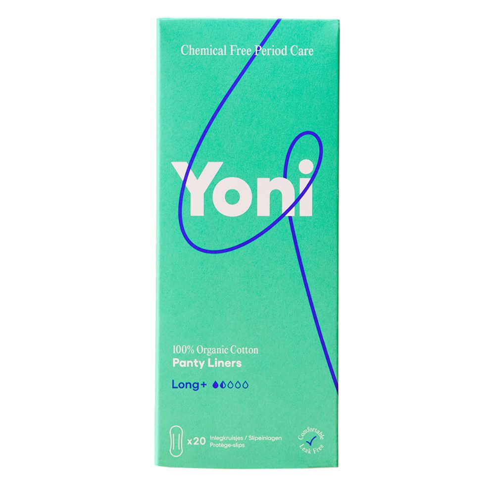 Grüne Yoni-Verpackung. Aufschrift: 100% Bio-Baumwolle, Slipeinlagen extralang. 20 Stück. Mit Bio-Siegel.