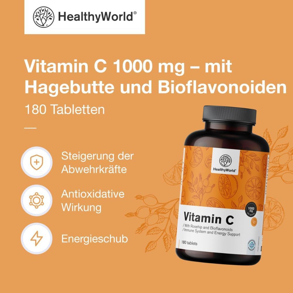 Flasche Vitamin C mit Text: Vitamin C 1000 mg mit Hagebutte und Bioflavonoiden. 180 Tabletten. Marke: HealthyWorld.