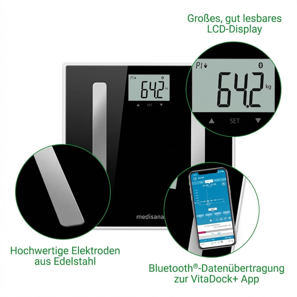 Schwarze Körperanalysewaage mit LCD, Elektroden und Bluetooth-Symbol. Smartphone mit App.