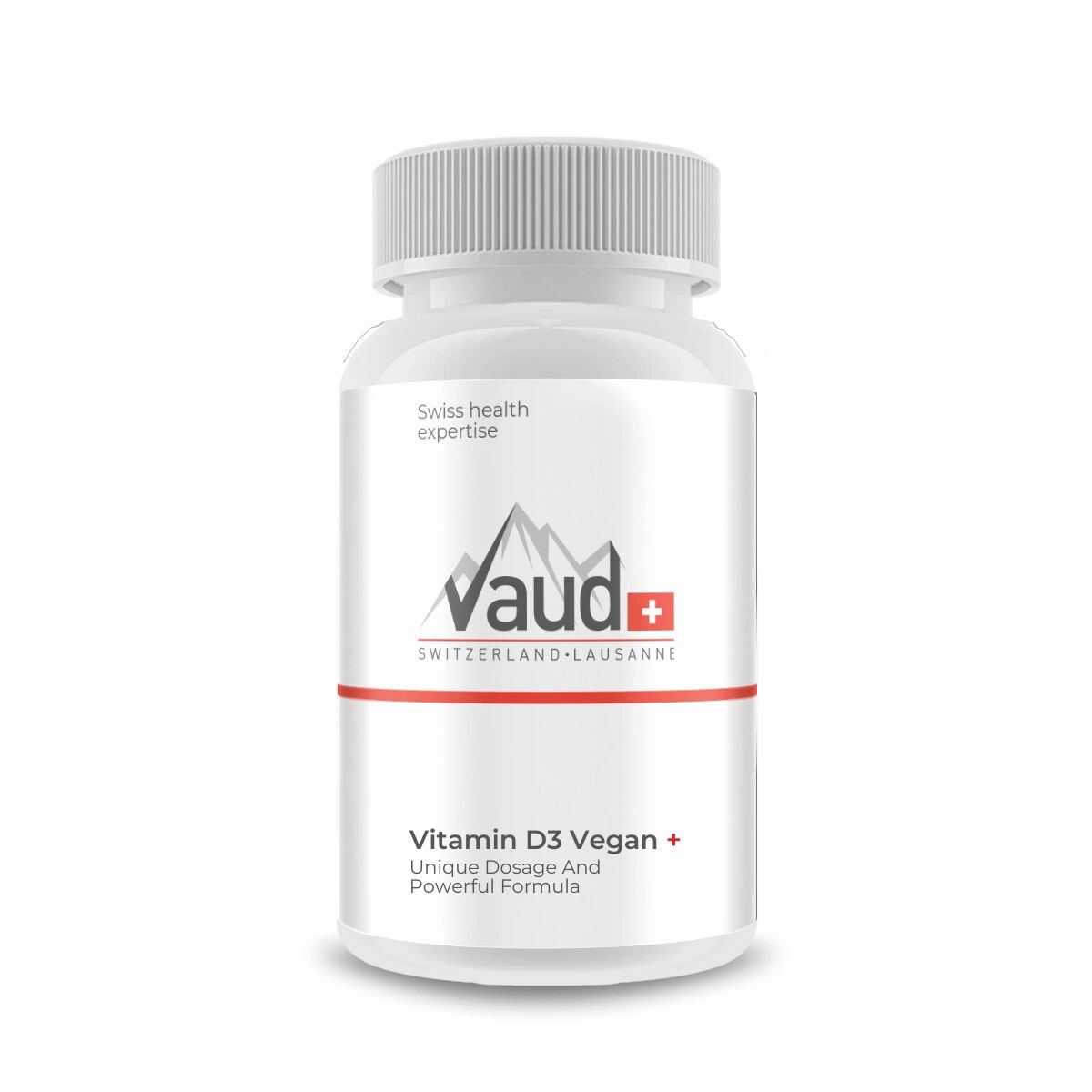 Weiße Flasche mit Schraubverschluss. Aufschrift: Vaud+, Vitamin D3 Vegan. Schweizer Expertise. Roter Streifen. Berge-Logo. Text: Unique Dosage And Powerful Formula.