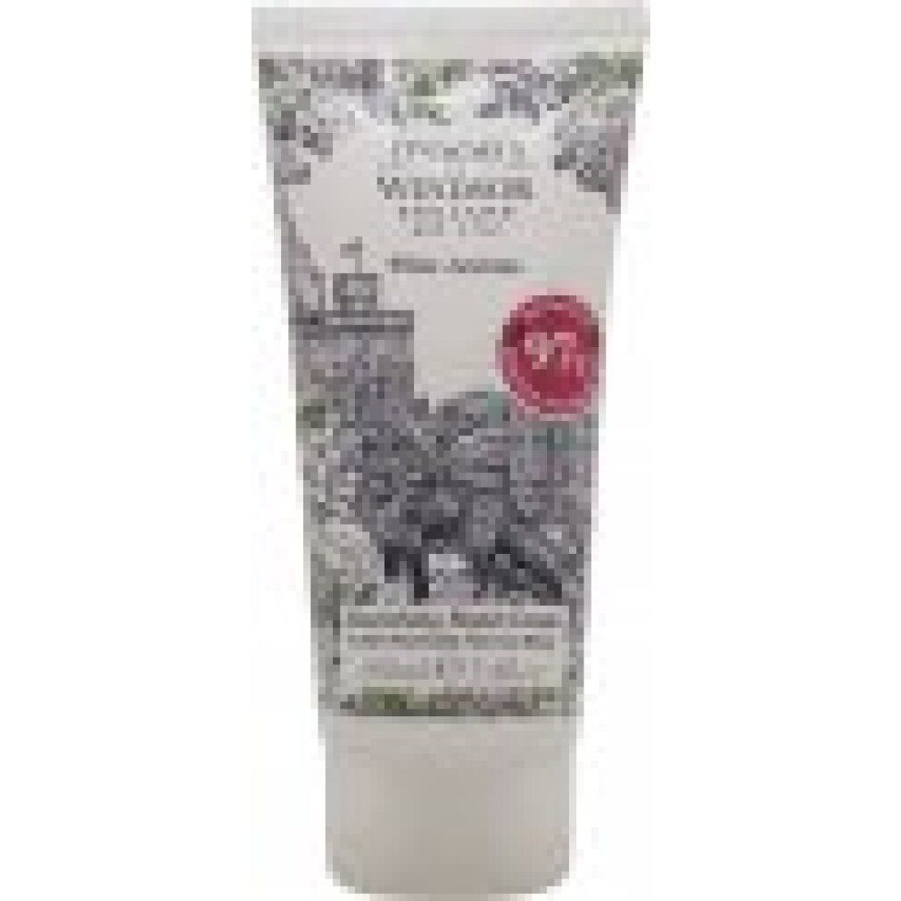 Creme-Tube mit floralem Design und Schloss-Illustration. Text: "Woods of Windsor", "White Jasmine", "Nourishing Hand Cream".