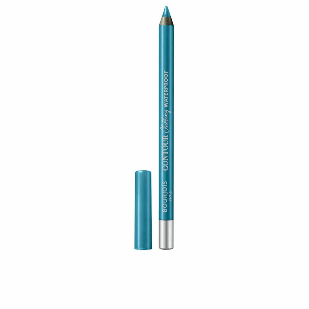 Blauer Eyeliner-Stift mit geöffneter Kappe. Silberne Spitze, blaue Hülse. Text auf dem Stift.