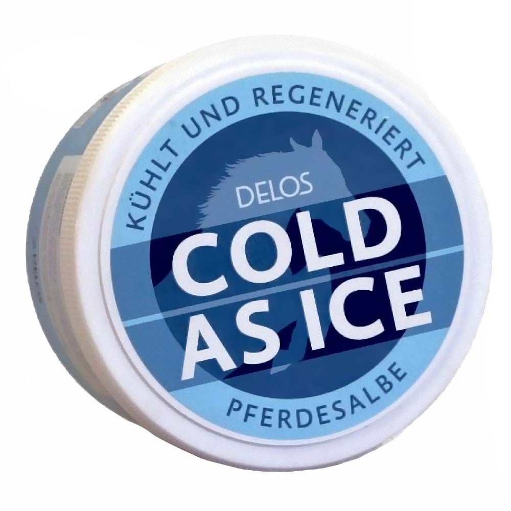 Runde Dose mit blau-weißem Etikett. Aufschrift: DELOS COLD AS ICE. Text: KÜHLT UND REGENERIERT. PFERDESALBE.