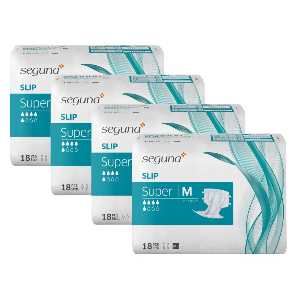 Vier Packungen SEGUNA Slip Super. Weiße Verpackung mit Produktbezeichnung, Saugstärke-Symbolen und Stückzahl.