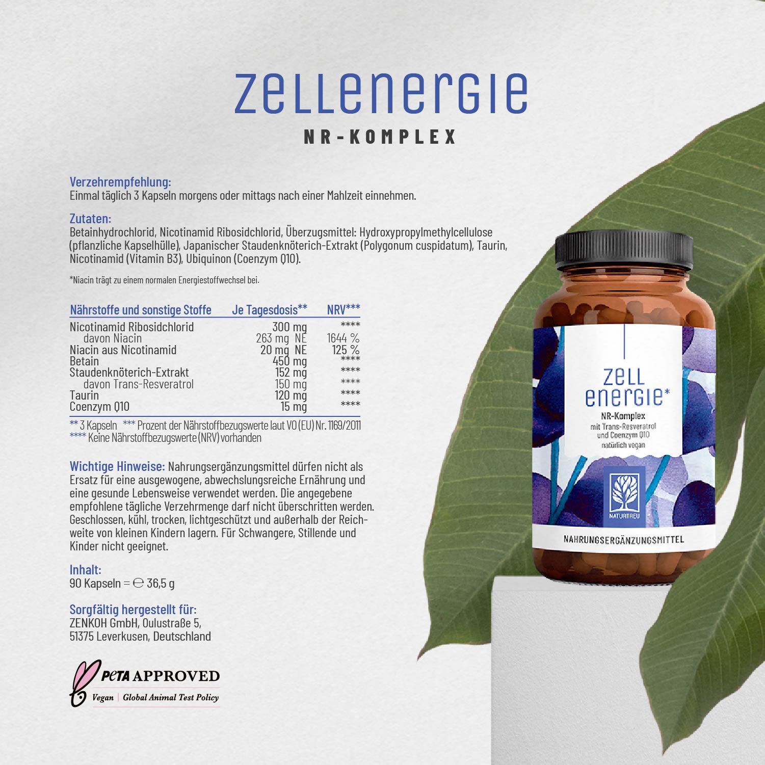 Braune Glasflasche mit Kapseln. Text: ZELLENERGIE NR-Komplex. Zutatenliste, Nährwertangaben. Vegan-Siegel.