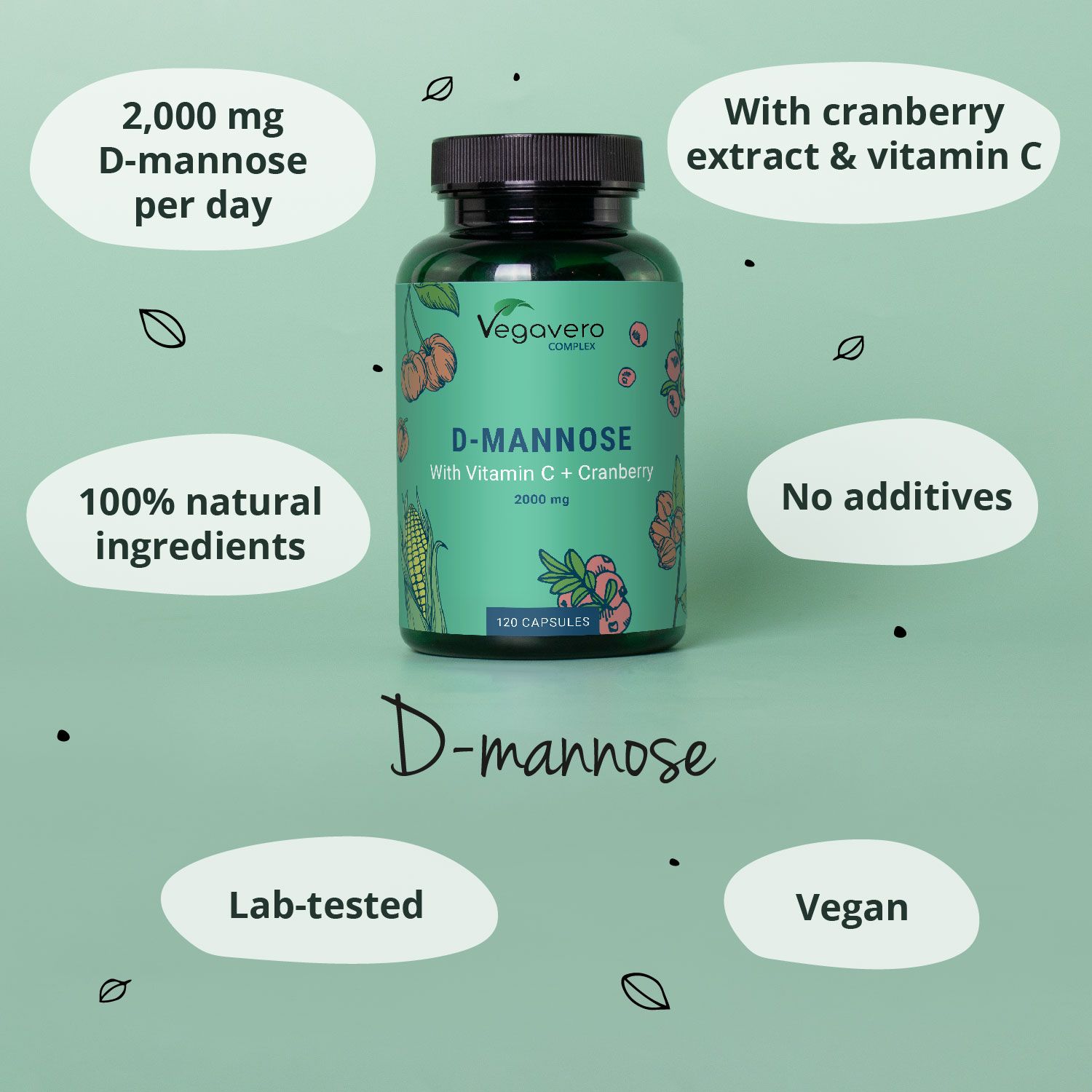 Grüne Flasche mit schwarzen Deckel. Aufschrift: D-Mannose, 120 Kapseln. Mit Vitamin C + Cranberry. Vegavaro Complex. Zusätzliche Informationen.