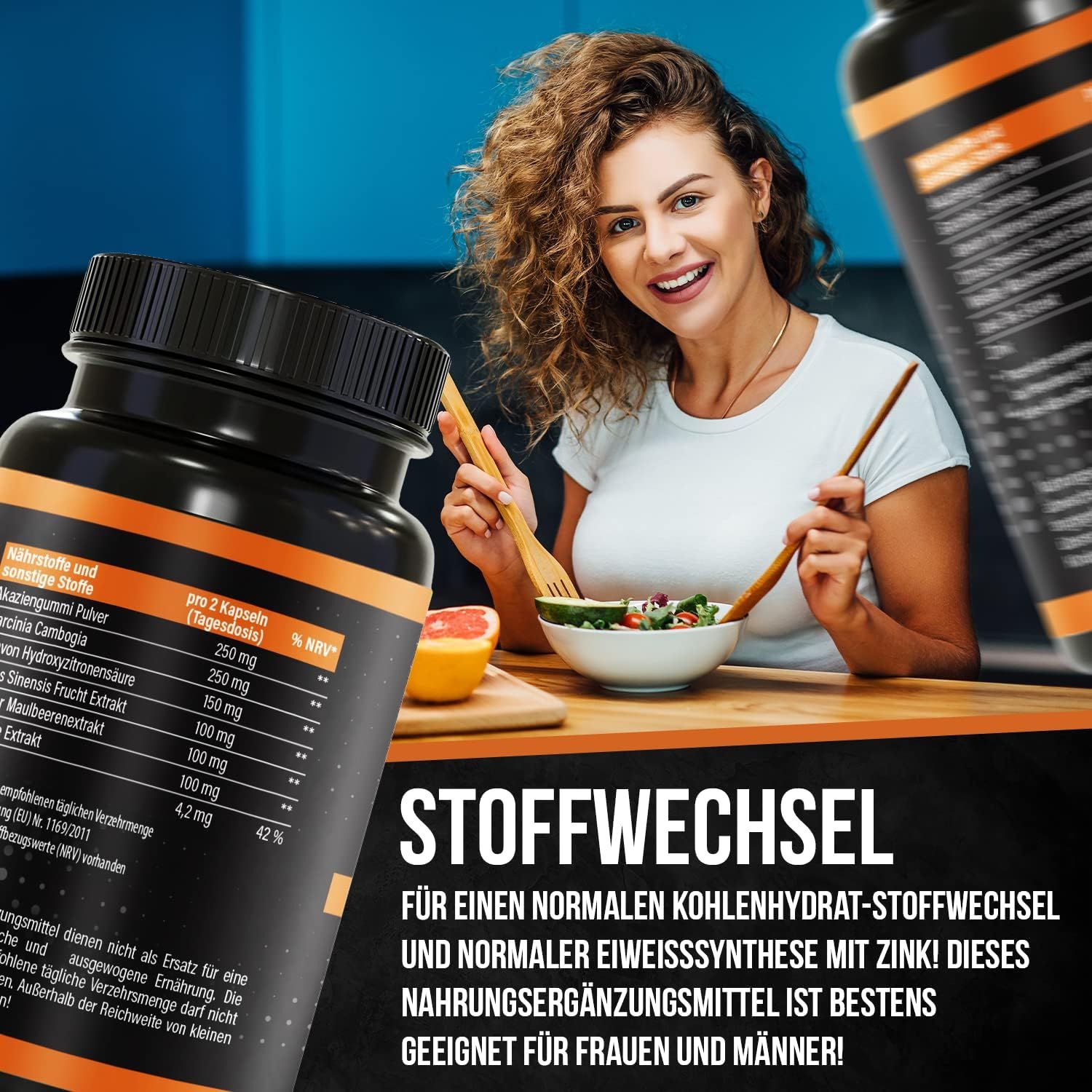Frau mit Salat und Flasche. Aufschrift: Stoffwechsel. Text: Für normalen Kohlenhydrat-Stoffwechsel. Nahrungsergänzungsmittel mit Zink.