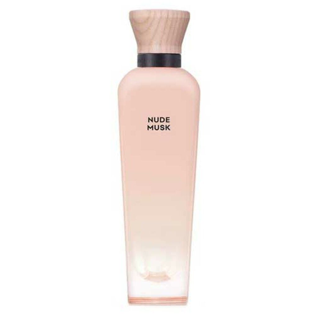 Parfümflasche mit Holzverschluss. Aufschrift: NUDE MUSK. Farbverlauf von rosa nach transparent.