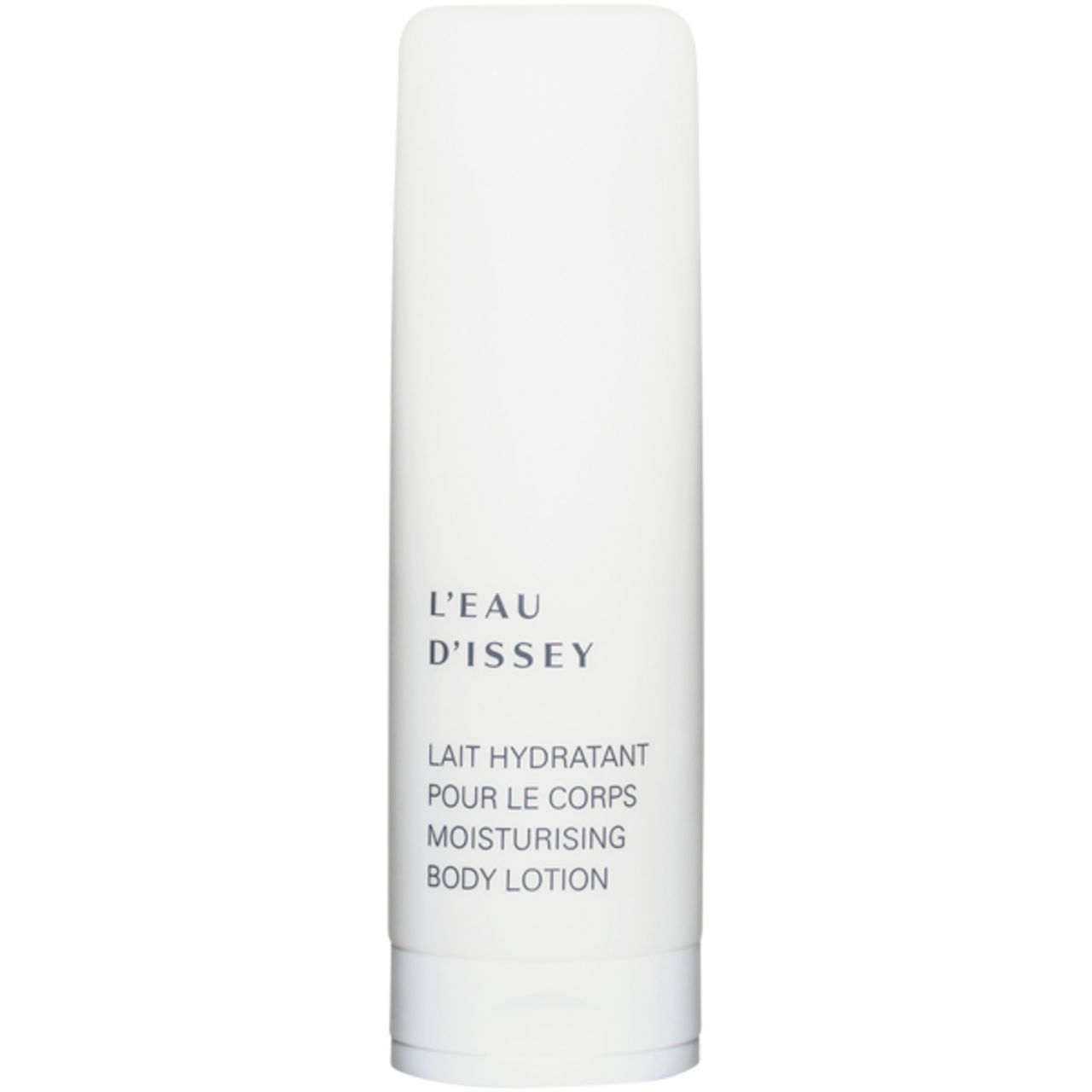 Weiße Körperlotion-Tube mit Text: L'EAU D'ISSEY, LAIT HYDRATANT POUR LE CORPS, MOISTURISING BODY LOTION.