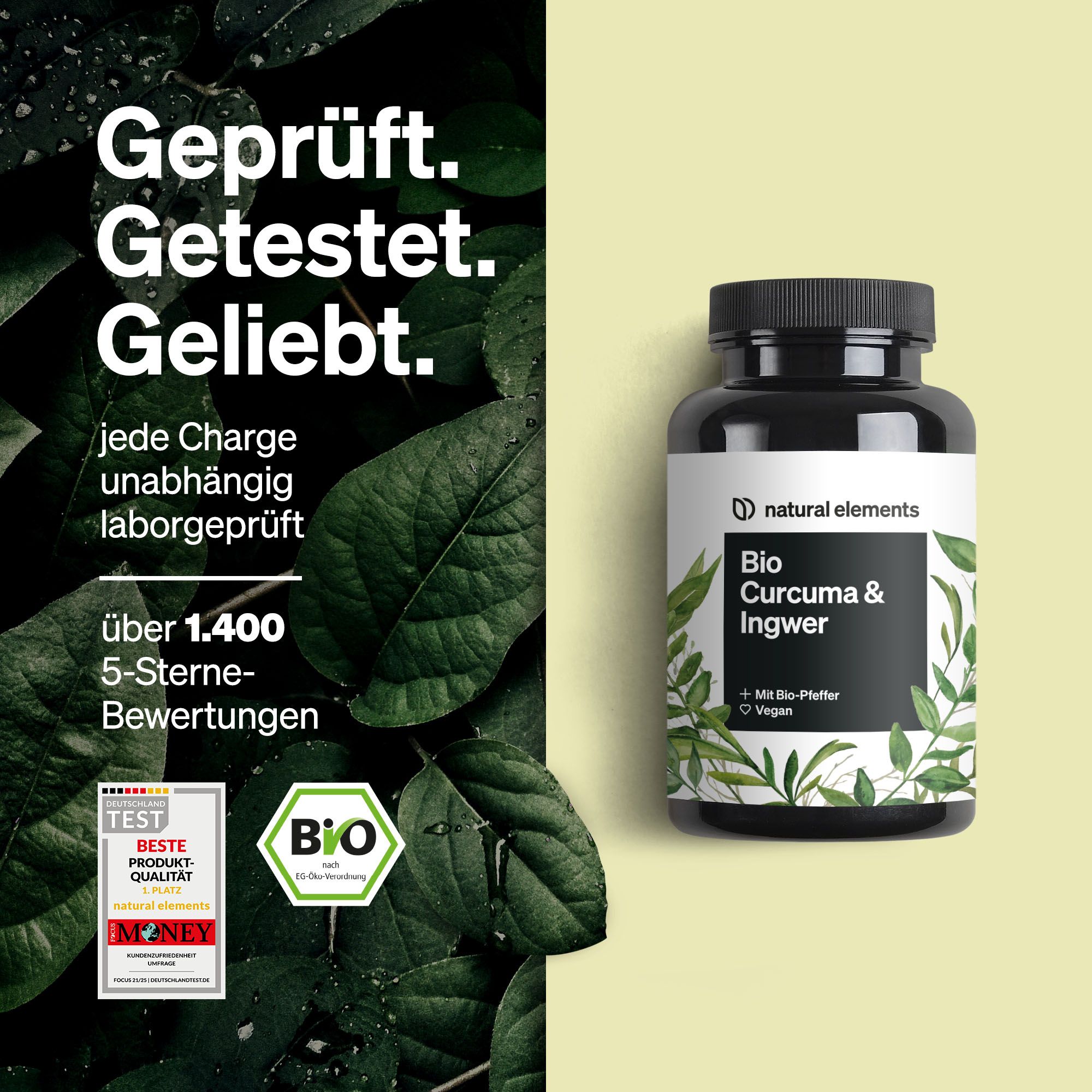 Schwarze Flasche mit weißem Etikett. Text: Bio Curcuma & Ingwer. Logo: natural elements. Bio-Siegel. Text: Geprüft. Getestet. Geliebt.