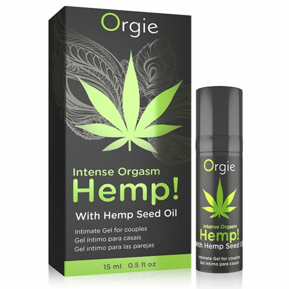 Schwarze Verpackung mit Flasche. Text: Orgie, Intense Orgasm Hemp!, Hanfblatt-Symbol. Gel intimo para casais. 15 ml. Flasche daneben.