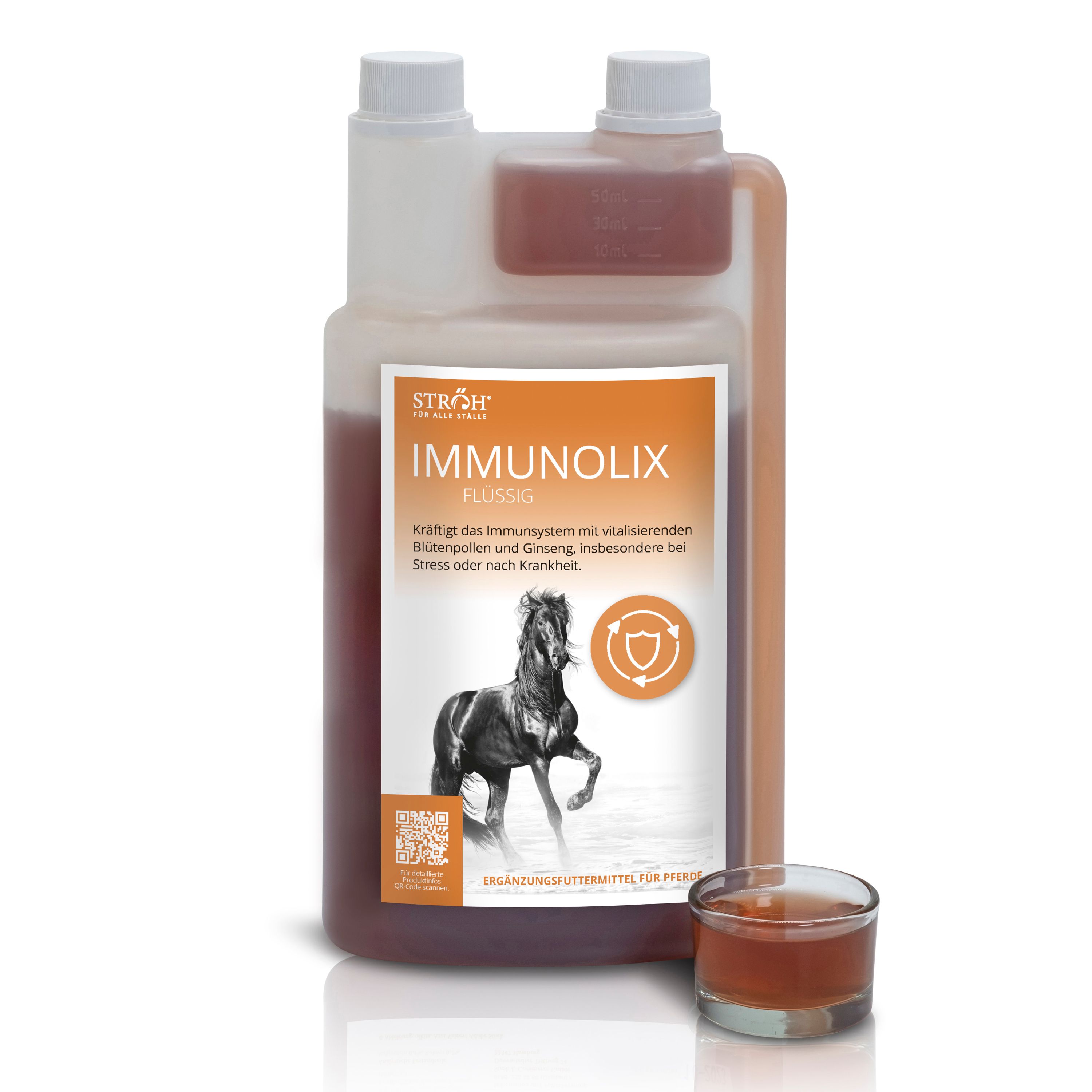 STRÖH IMMUNOLIX FLÜSSIG: Flasche mit brauner Flüssigkeit und Dosierbecher. Ergänzungsfuttermittel für Pferde.