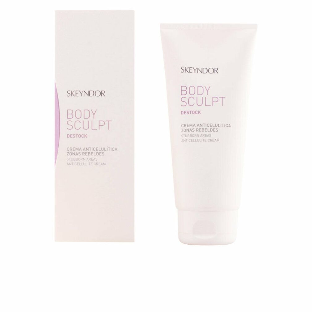Produktverpackung. Tube und Schachtel. Marke Skeyndor. Aufschrift: Body Sculpt Destock Anti-Cellulite Creme.