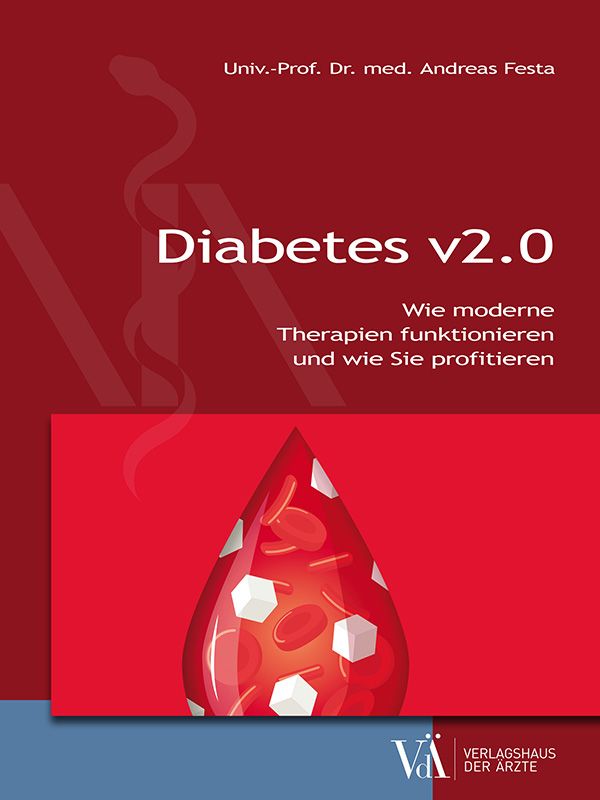 Buchcover mit Titel Diabetes v2.0. Roter Hintergrund mit Tropfen-Illustration. Text: Wie moderne Therapien funktionieren und wie Sie profitieren.