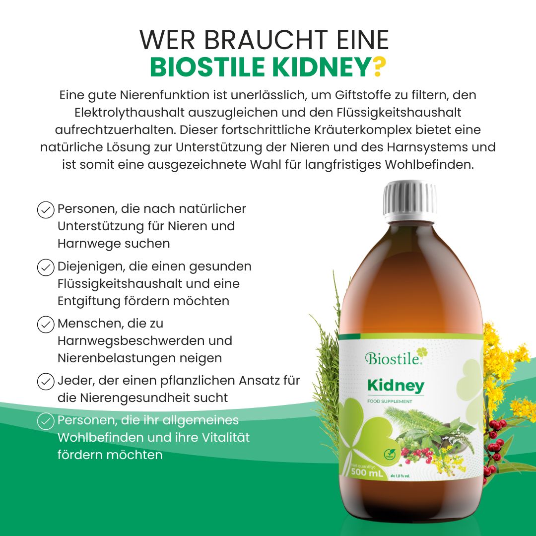Flasche 'Biostile Kidney' neben Text. Text: 'Wer braucht eine Biostile Kidney?' und Aufzählung von Zielgruppen.