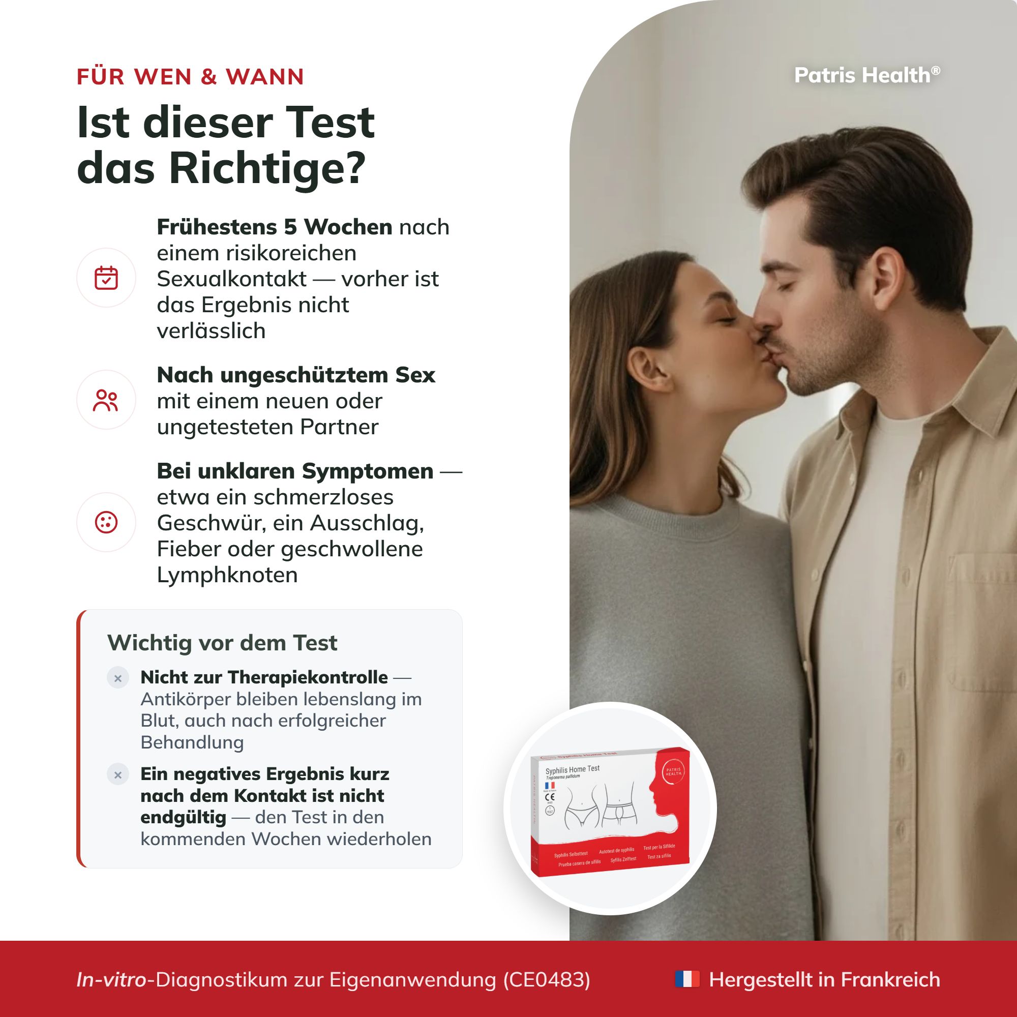 Ein Paar küsst sich. Für wen & wann ist der Syphilis Selbsttest? Nach Risikokontakt, bei Symptomen.