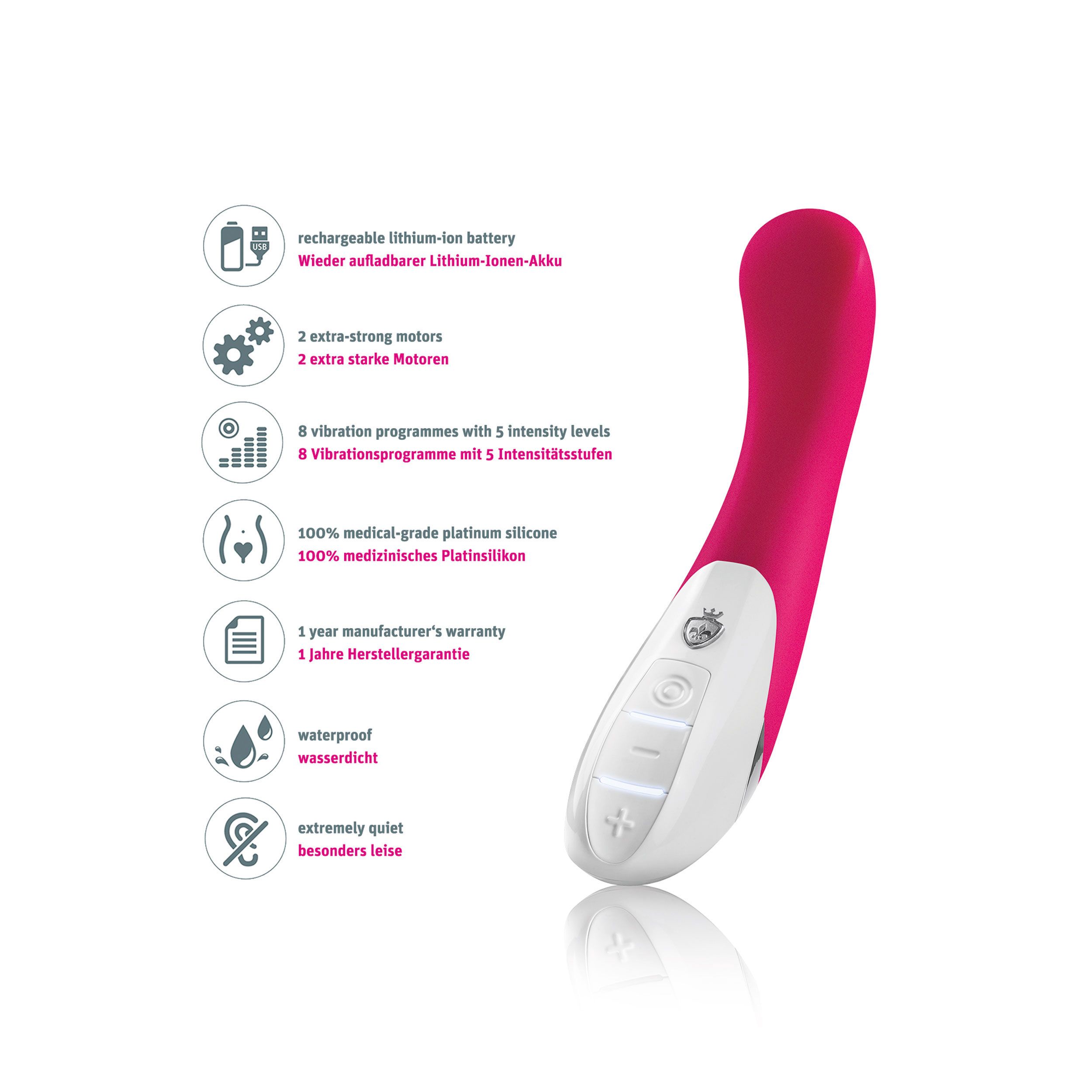 Pinkfarbener Vibrator mit weißen Bedienelementen. Text: wiederaufladbare Lithium-Ionen-Batterie, 8 Vibrationsprogramme, wasserdicht.