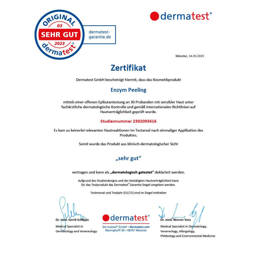 Zertifikat von Dermatest. Text: Enzym Peeling, dermatologisch getestet, Note: sehr gut.