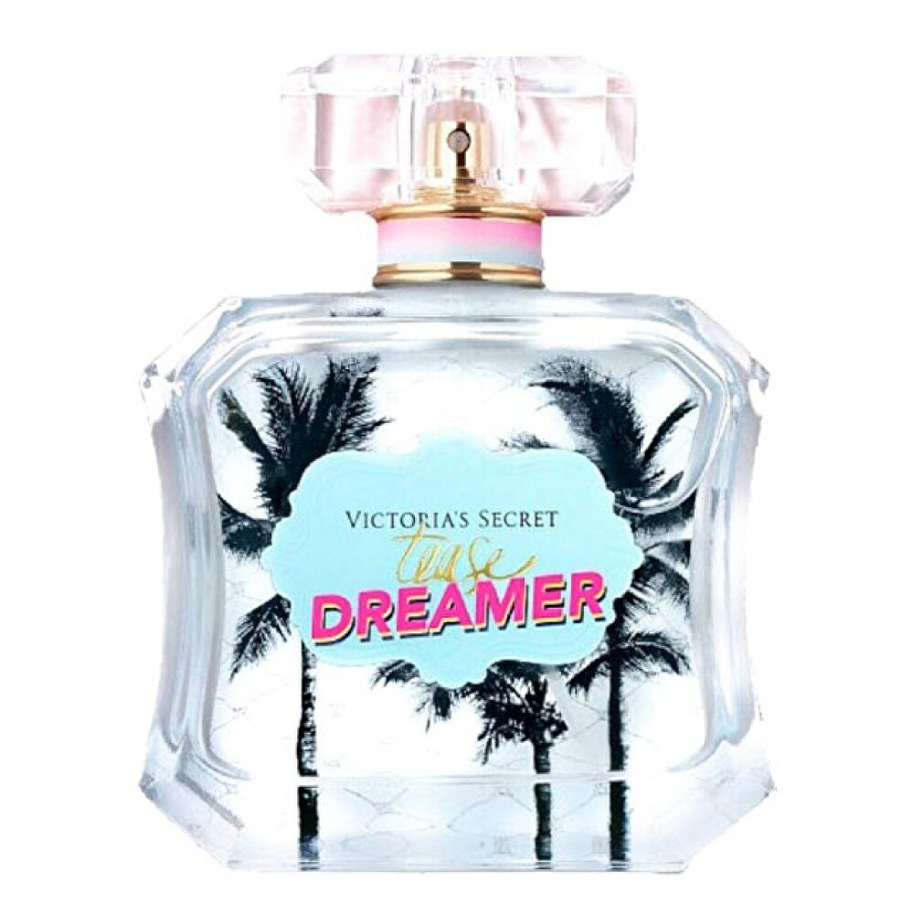 Glasflakon von Victoria's Secret Tease Dreamer Eau De Parfum. Palmen-Design, hellblaues Etikett mit rosa Schriftzug. Transparenter Deckel.