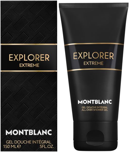 Schwarze Tube und Schachtel mit goldfarbenem Schriftzug. Aufschrift: EXPLORER EXTREME, MONTBLANC, Gel Douche Intégral, 150 ml.