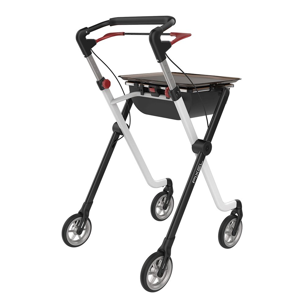 Rehasense Pixel Rollator in Weiß und Schwarz mit Tablett und Tasche.