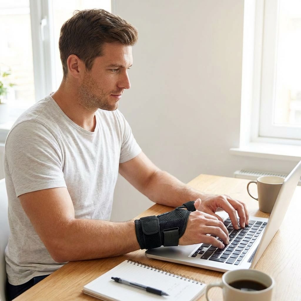 Mann tippt auf einem Laptop, trägt eine Daumenbandage. Schwarze Bandage am linken Handgelenk. Kaffee und Notizblock.