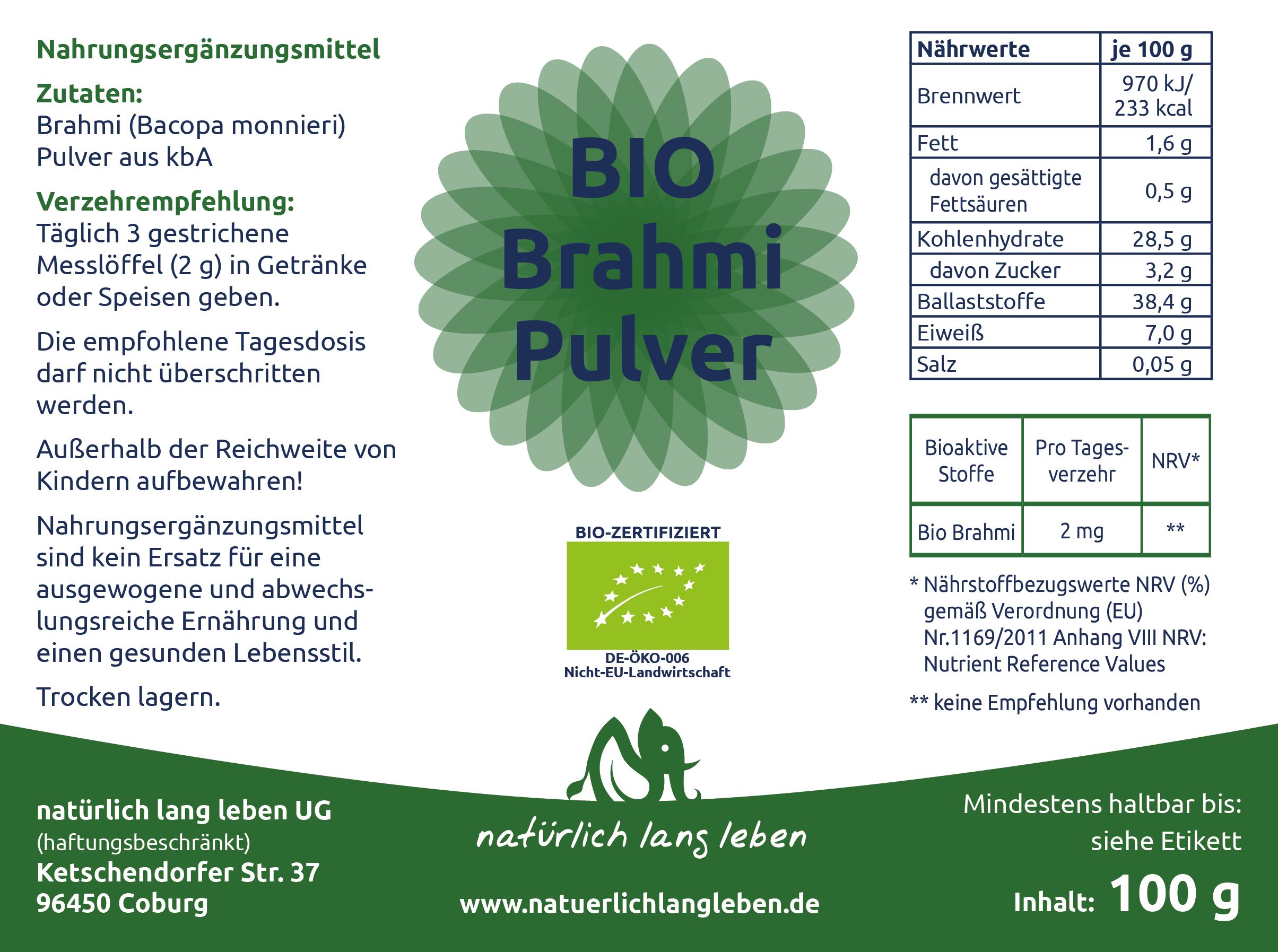 Etikett mit Nährwertangaben und Zutatenliste. BIO-Zertifizierung. Text: BIO Brahmi Pulver, natürlich lang leben.