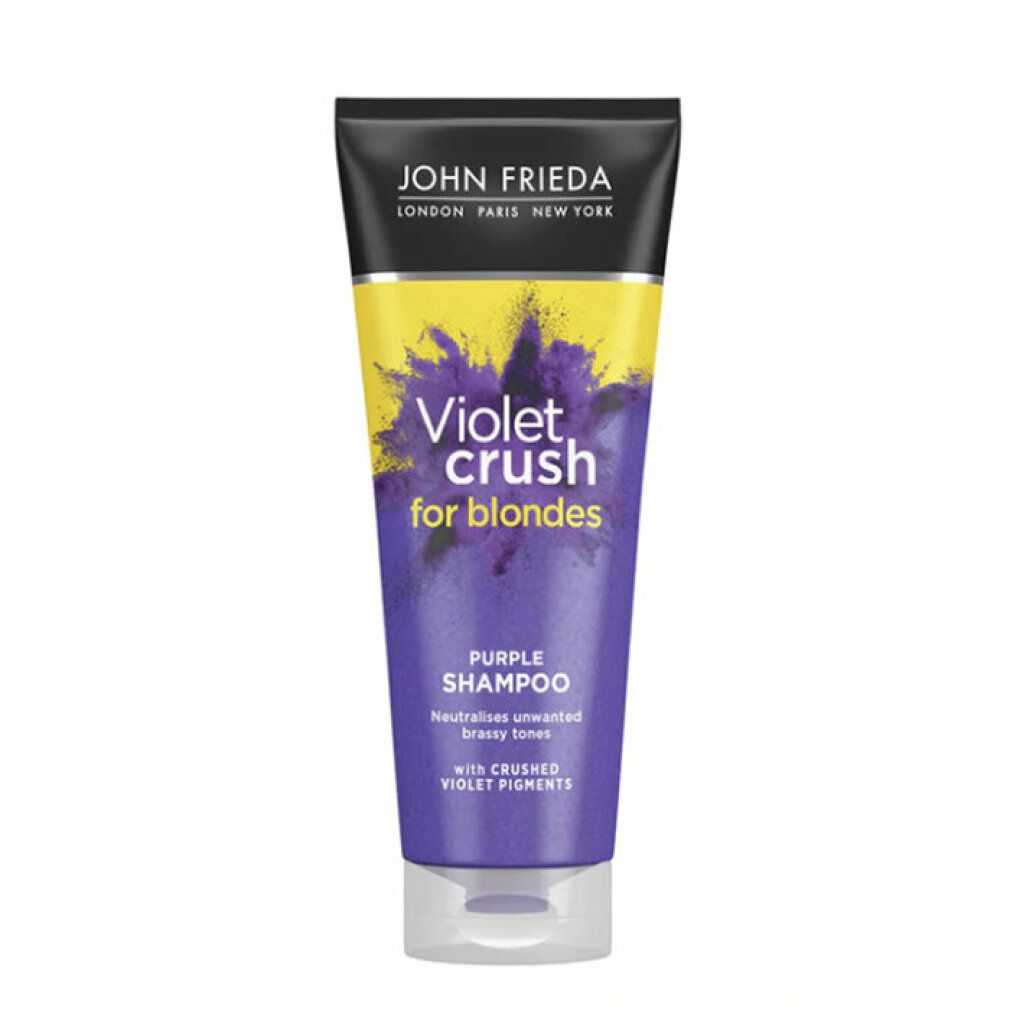 Violet Crush Shampoo für Blondinen. Lila Tube mit schwarzem Deckel. Text: John Frieda, Violet Crush, Purple Shampoo.