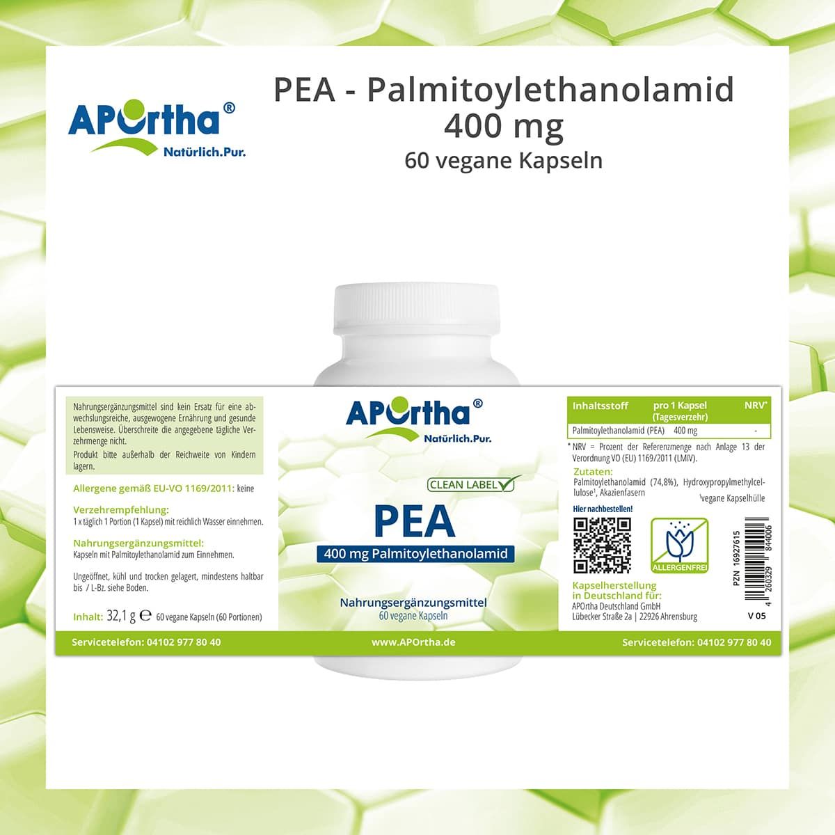 Weiße Flasche mit Etikett. Enthält PEA 400 mg Palmitoylethanolamid. Text: Nahrungsergänzungsmittel. Mit Clean Label.