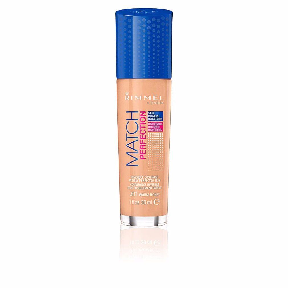 Flüssig-Make-up-Flasche mit blauem Deckel. Aufschrift: Rimmel, Match Perfection, 301 Warm Honey. 30 ml.