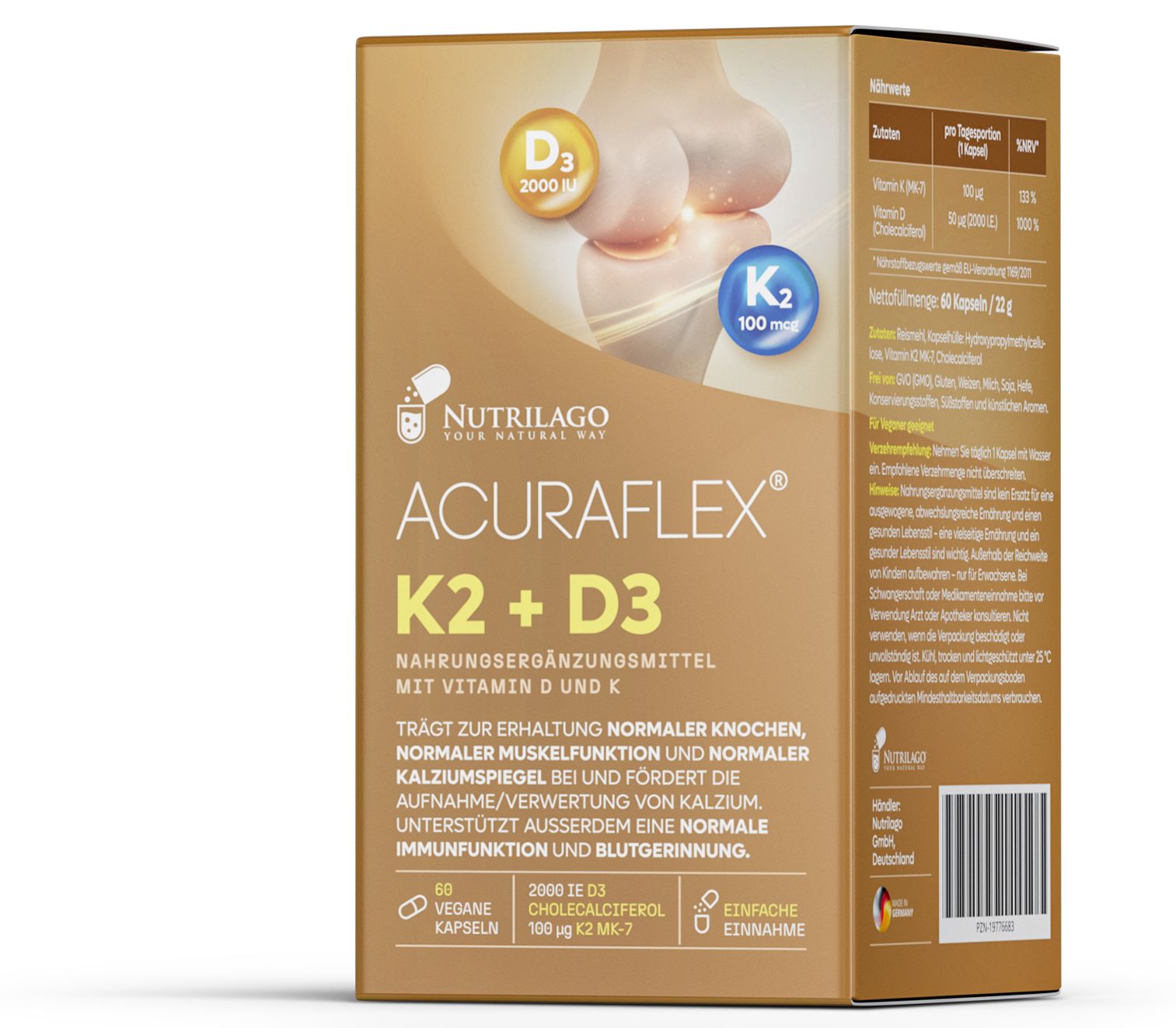 Verpackung ACURAFLEX K2 + D3. Aufschrift: K2 100 mcg, D3 2000 I.E. Produktname, Inhaltsangaben, Nährwerttabelle, Barcode.