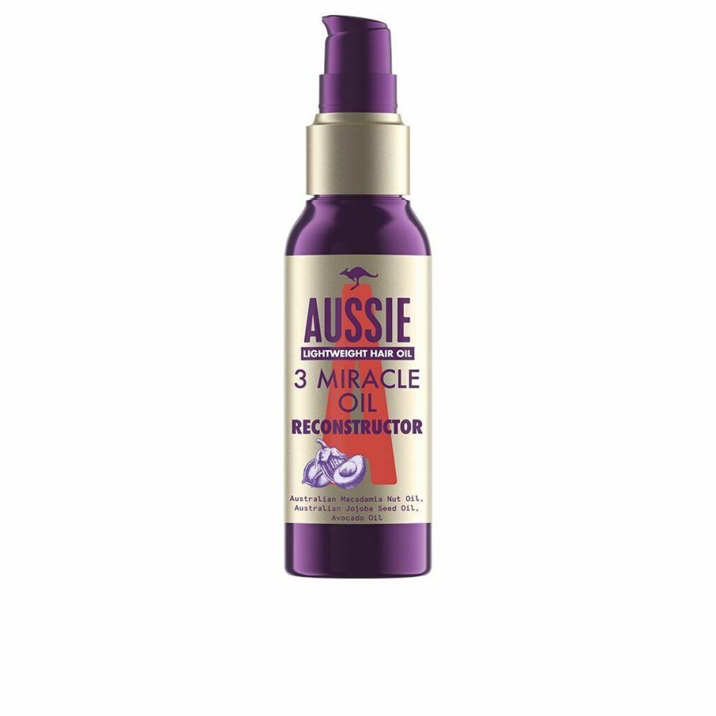 Violette Flasche mit Pumpkopf. Aufschrift: Aussie 3 Miracle Oil Reconstructor. Enthält Macadamia-, Jojoba- und Avocadoöl.