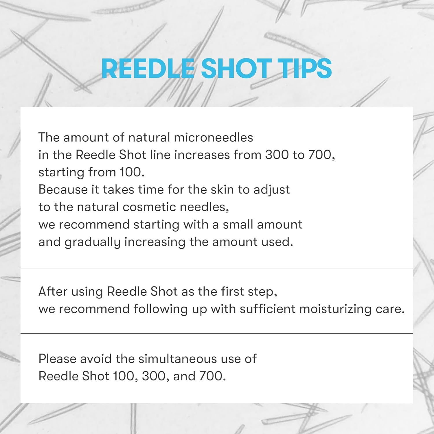 Text: "Reedle Shot Tips". Empfehlungen zur Anwendung des Produkts. Informationen zu Mikronadeln.