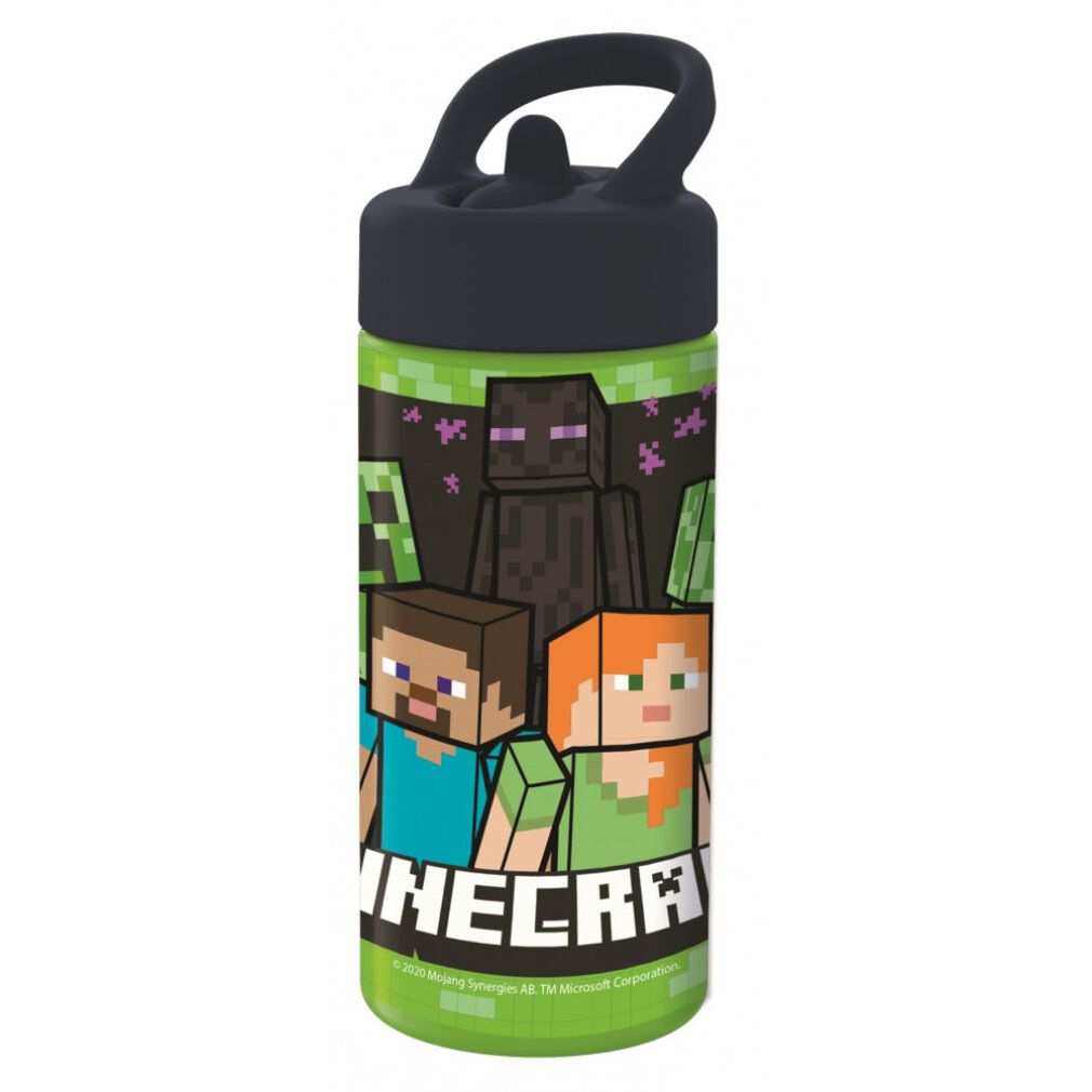 Grüne Trinkflasche mit Minecraft-Motiven und Schriftzug. Schwarzer Deckel mit Trageschlaufe. Figuren: Steve, Alex, Creeper, Enderman.