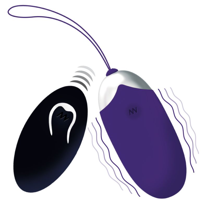 Lila Ei mit silberner Spitze und Fernbedienung. Wellenlinien deuten Vibration an. Schwarze Fernbedienung mit Symbol. Schnur.