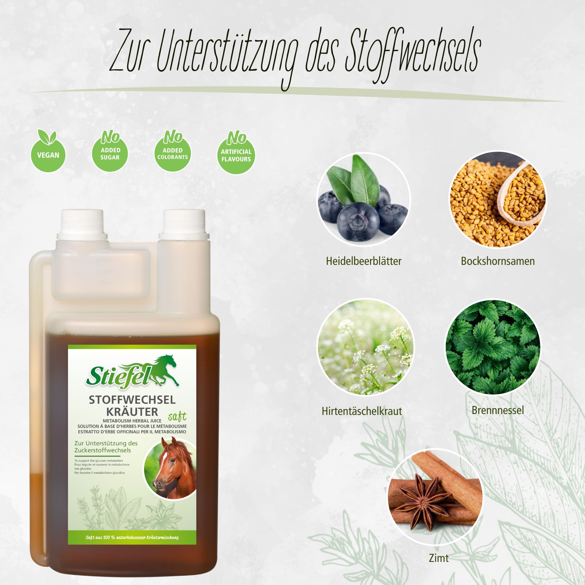 Produktflasche mit Kräutern und Zutaten. Text: Stiefel Stoffwechselkräuter. Vegan, ohne Zucker, ohne Zusatzstoffe, ohne Aromen.