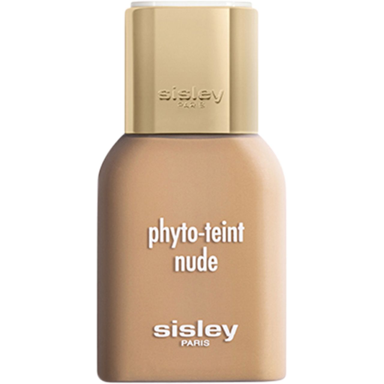 Sisley Phyto-Teint Nude. Flasche mit beiger Foundation, goldfarbener Deckel. Schriftzug: Sisley Paris, Phyto-Teint Nude.