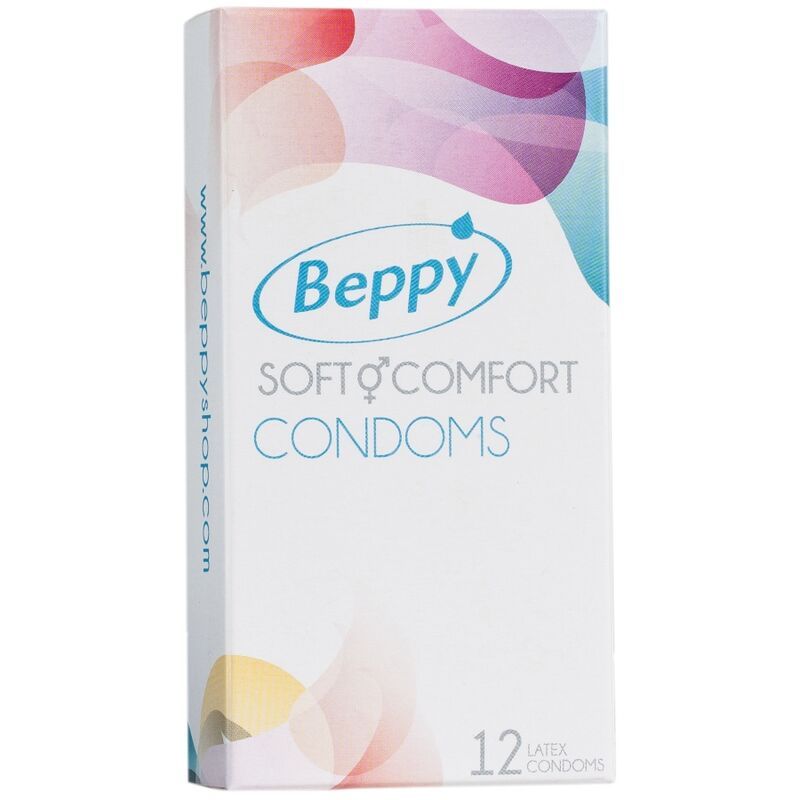 Verpackung mit Produktname Beppy Comfort. Text: Soft Comfort Kondome. 12 Latex Kondome. Website-Adresse.