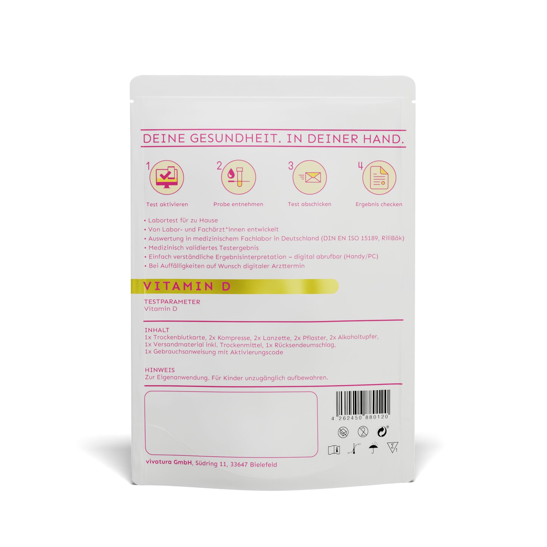 Rückseite der Verpackung. Text: "DEINE GESUNDHEIT. IN DEINER HAND.", "VITAMIN D". Barcode und Inhaltsangaben.