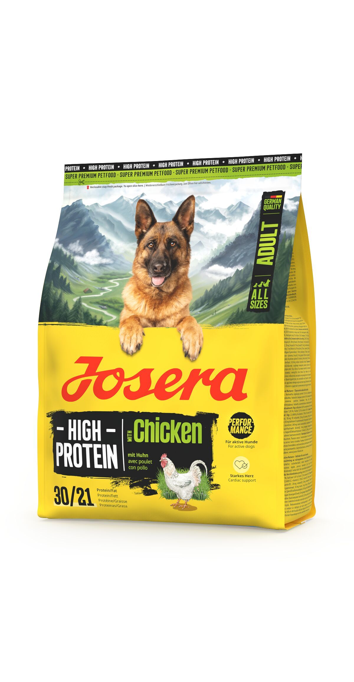 Gelbe Tüte mit JOSERA High Protein Adult mit Huhn. Abbildung eines Hundes und Huhns. Text: 30/21, Super Premium Petfood.