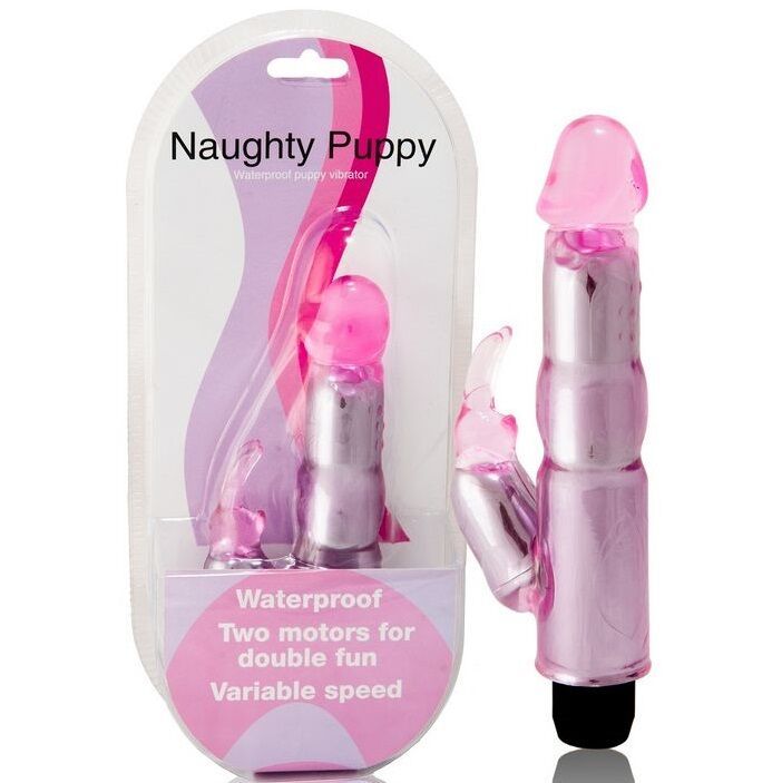 Rosa Vibrator in Verpackung. Text: Naughty Puppy, Waterproof, Two motors for double fun, Variable speed.
