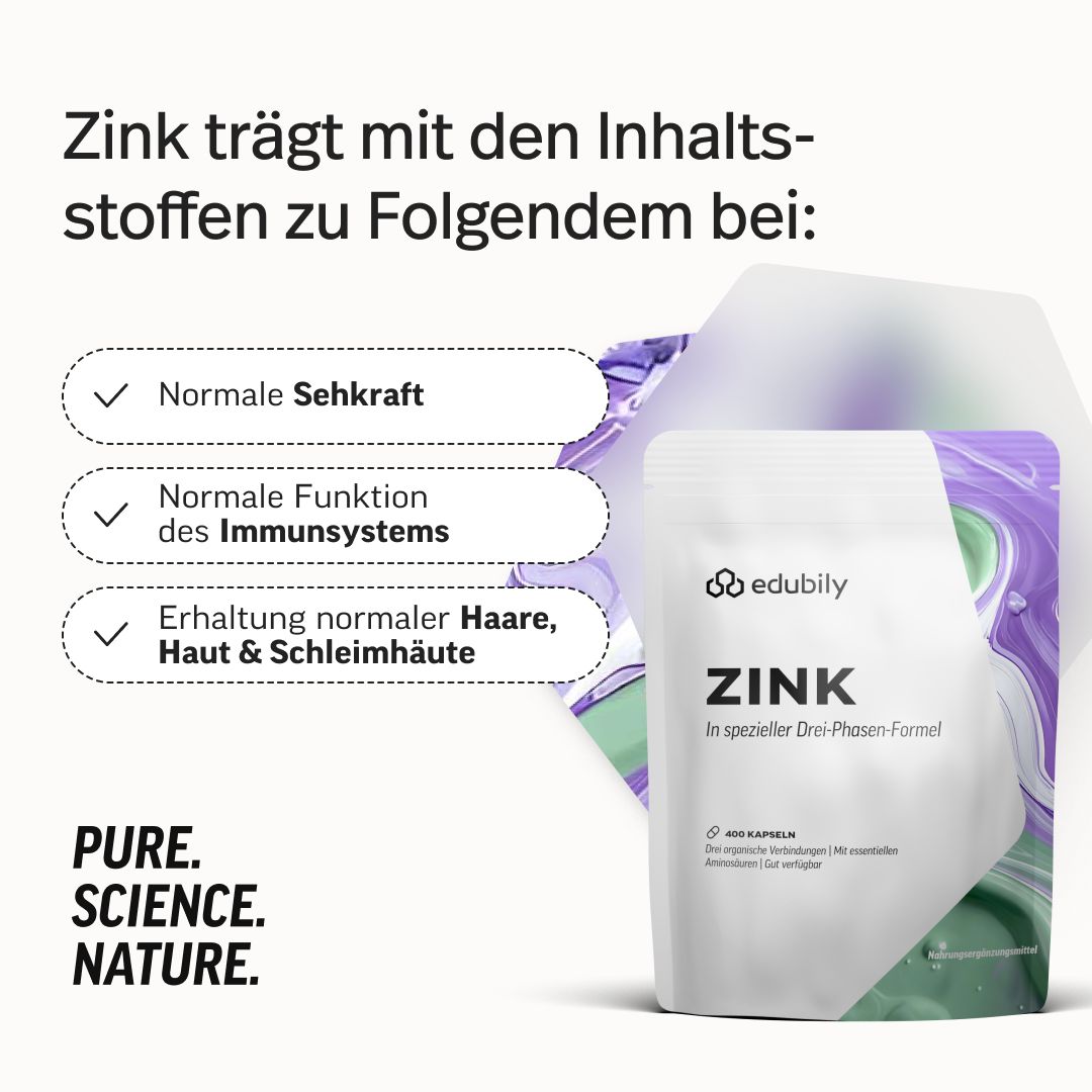 Verpackung edubily Zink Kapseln mit Text: Normale Sehkraft, Normale Funktion des Immunsystems, Erhaltung normaler Haare, Haut & Schleimhäute. Pure. Science. Nature.