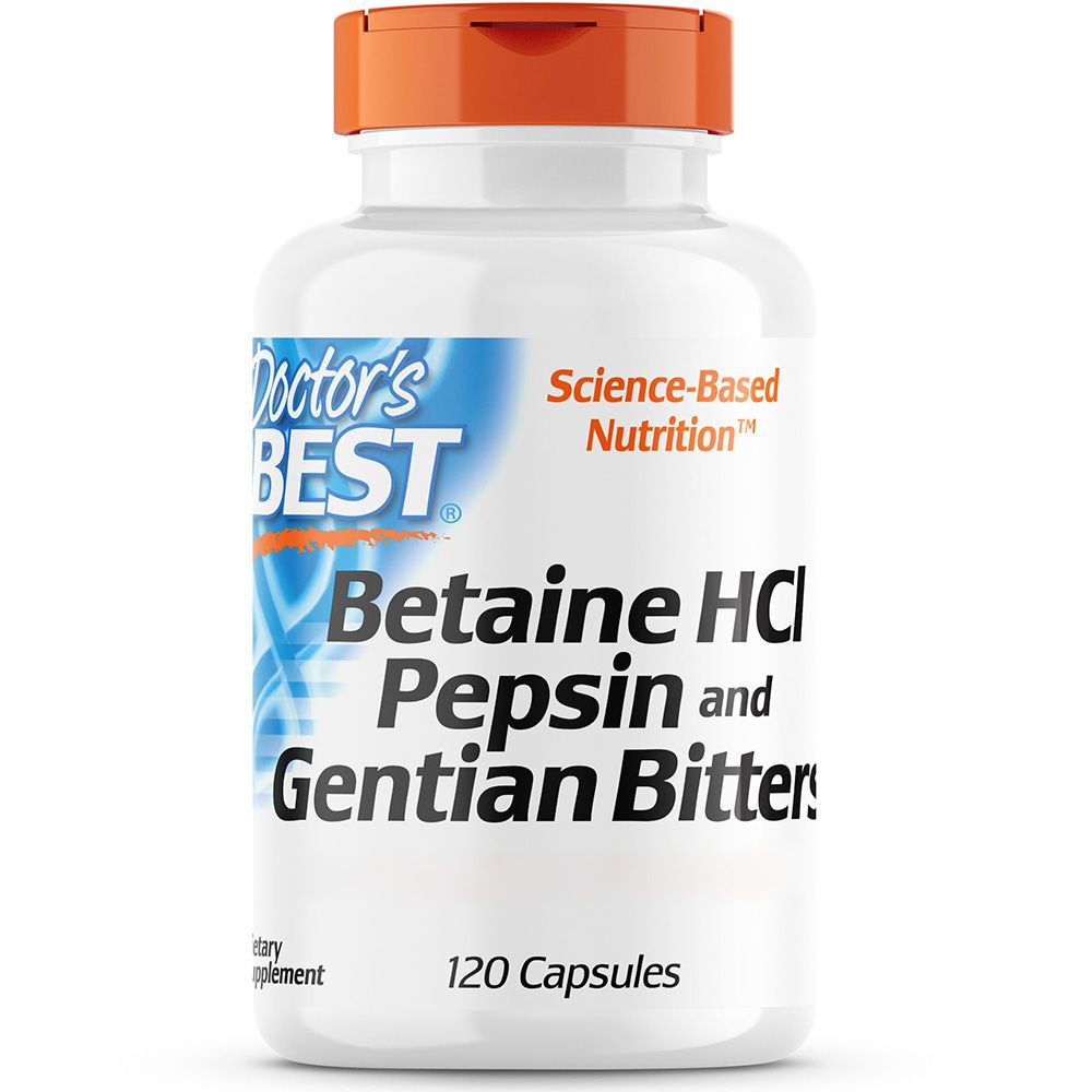 Weiße Flasche mit orangefarbenem Deckel. Aufschrift: Doctor's Best, Betain HCl Pepsin and Gentian Bitters, 120 Kapseln.