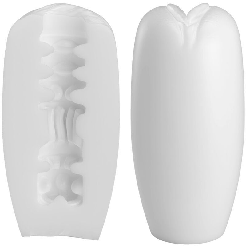 Masturbator-Innenteil und weißes Außenteil. Innenteil strukturiert.