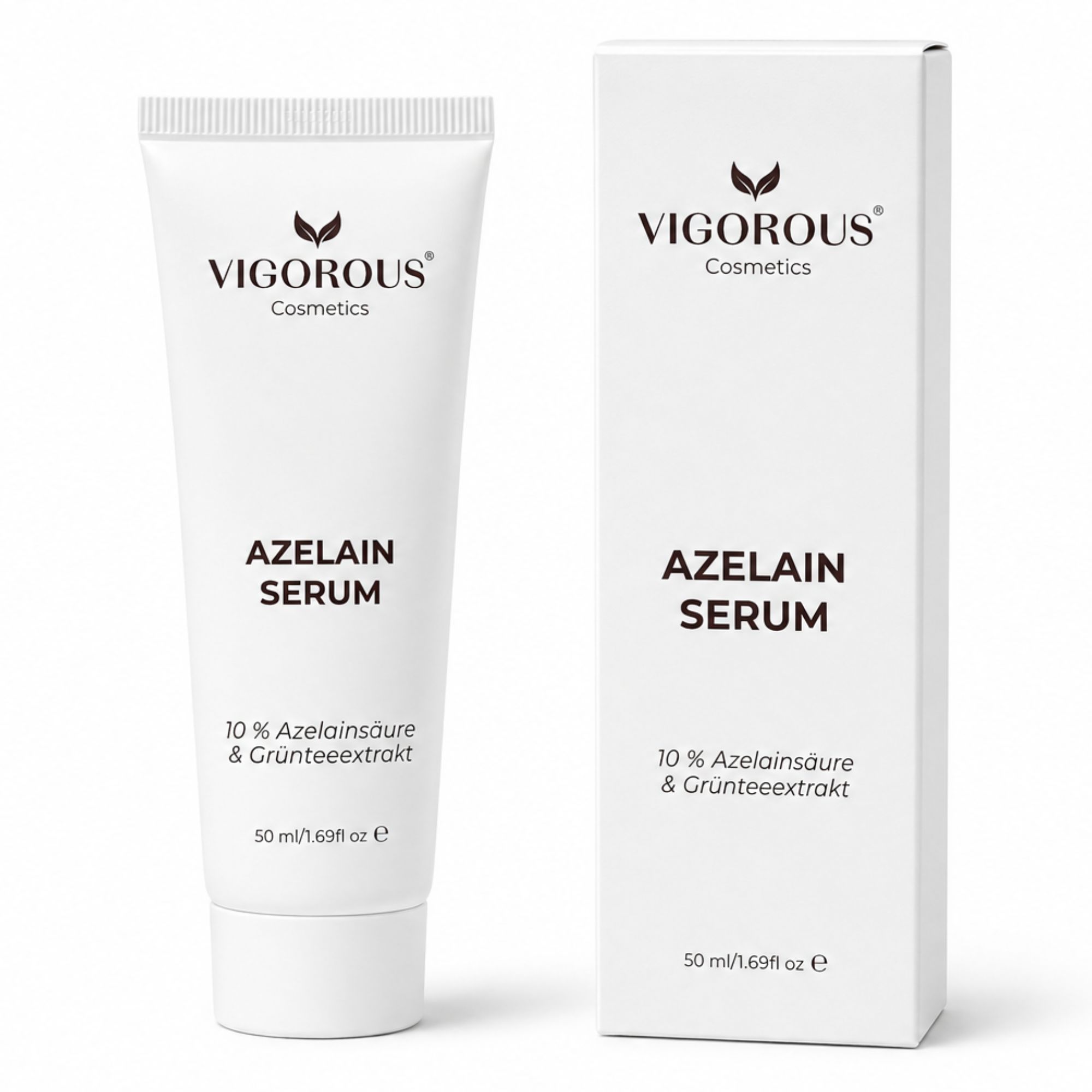 VIGOROUS Azelain Serum Tube und Kartonverpackung, 50 ml Inhalt.