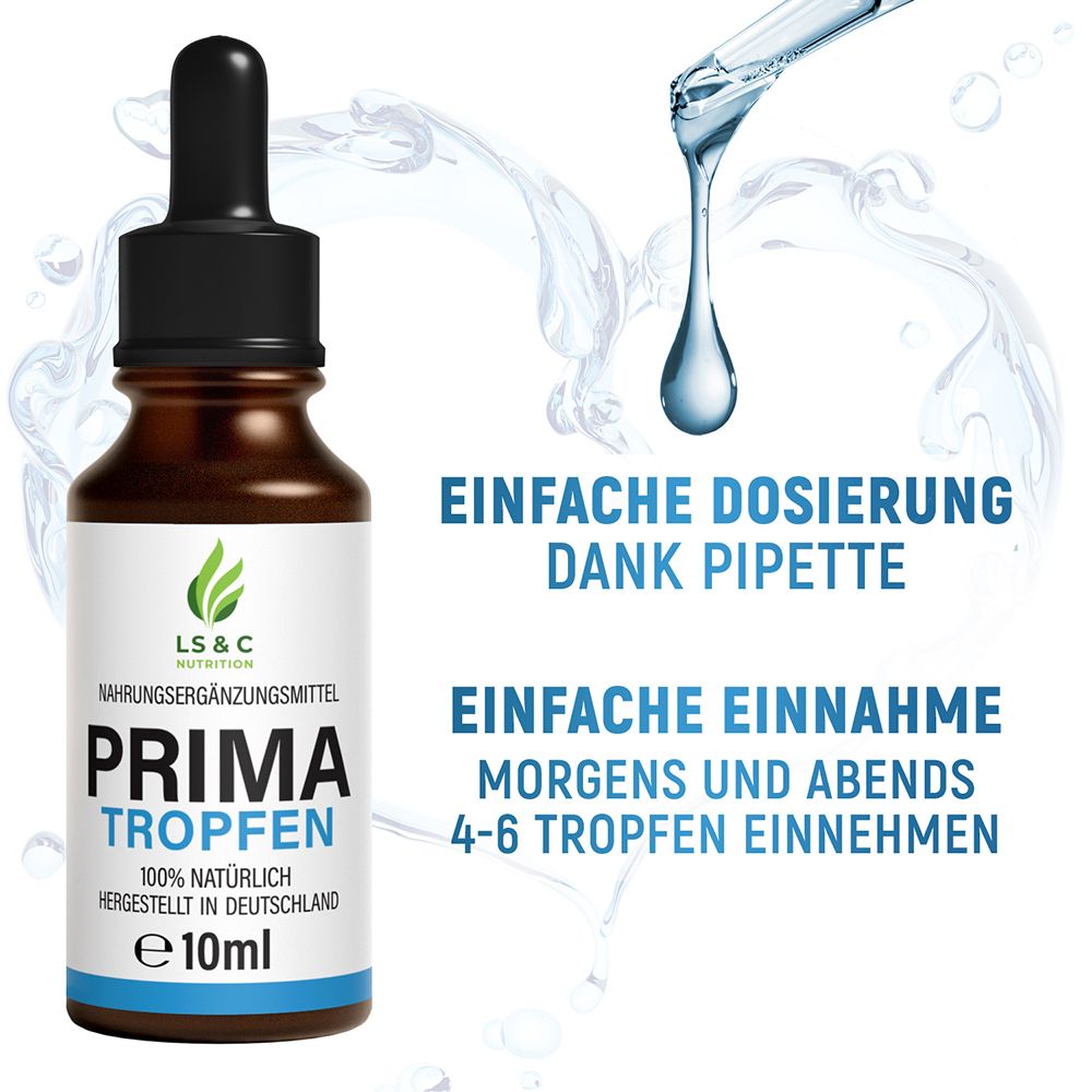 Braune Glasflasche mit schwarzem Tropfer. Text: Einfache Dosierung dank Pipette. Einfache Einnahme morgens und abends. 4-6 Tropfen.