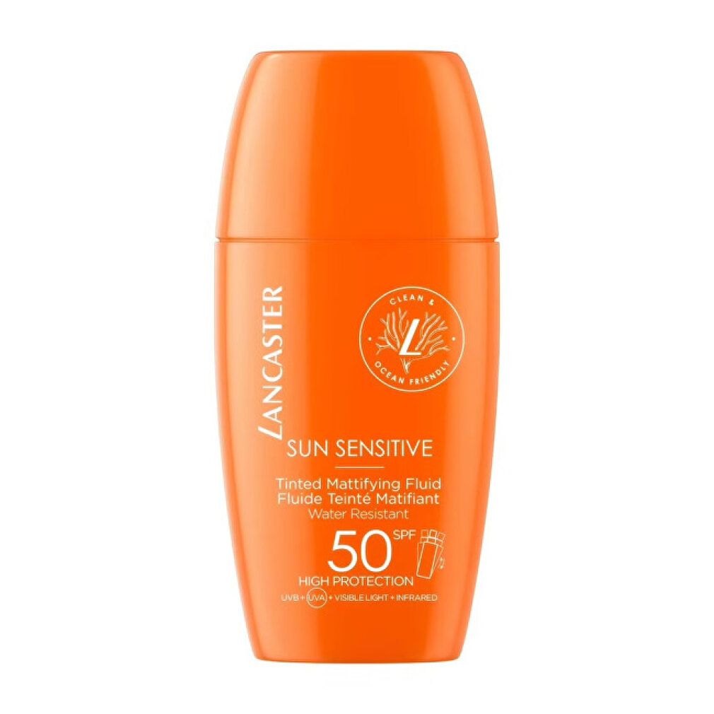 Orangefarbene Flasche. Text: Lancaster Sun Sensitive, 50 SPF. Enthält Sonnenschutzmittel.