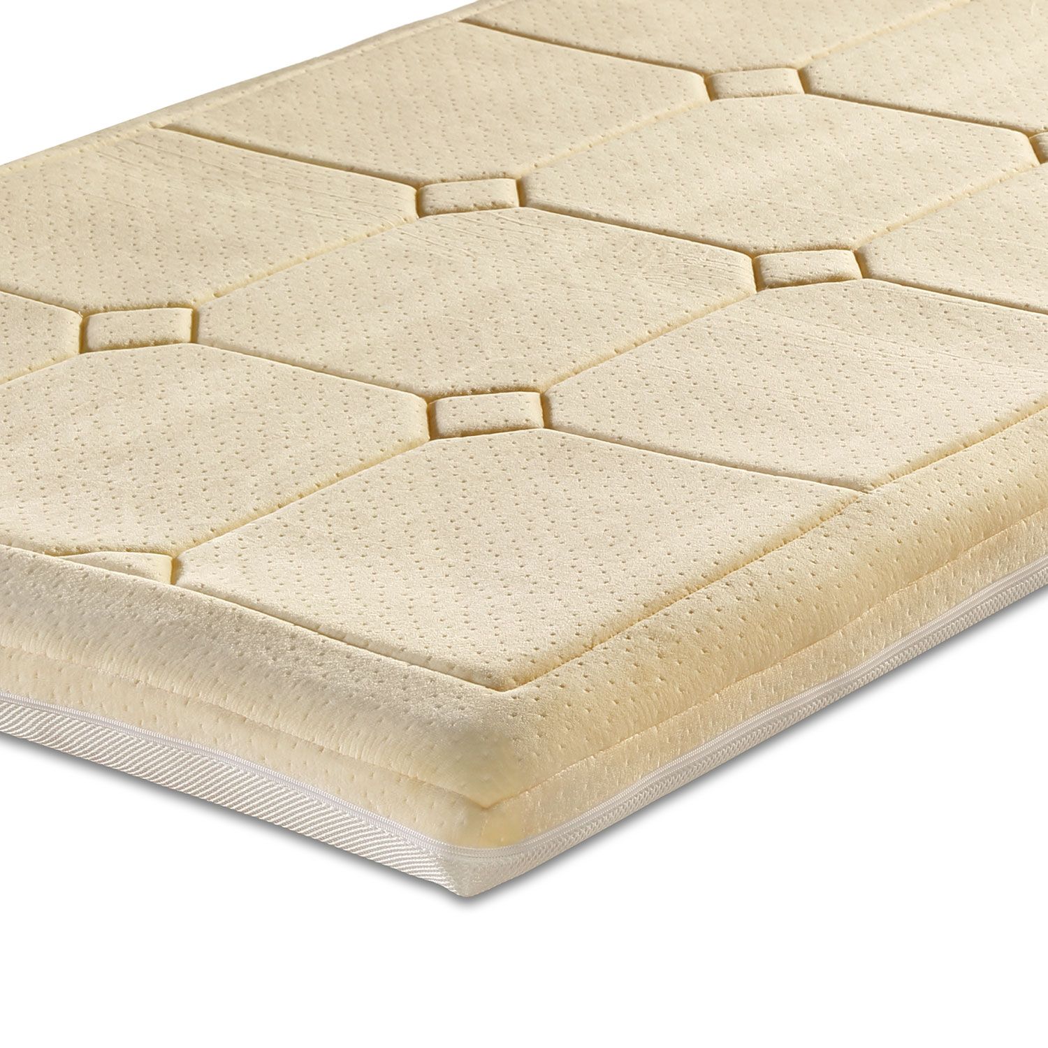 Beige Matratzenauflage mit geometrischem Muster. Oberseite mit kleinen Löchern. Eckige Form.