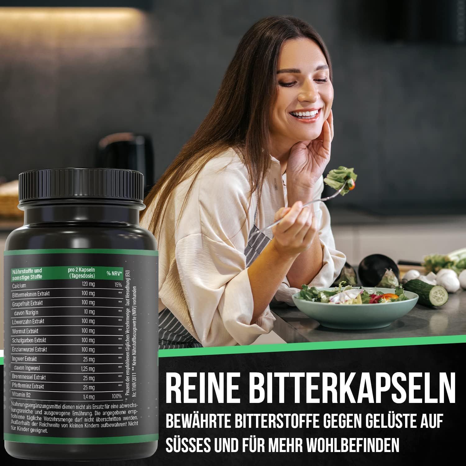 Schwarze Flasche mit Kapseln. Aufschrift: Reine Bitterkapseln. Frau isst Salat im Hintergrund.