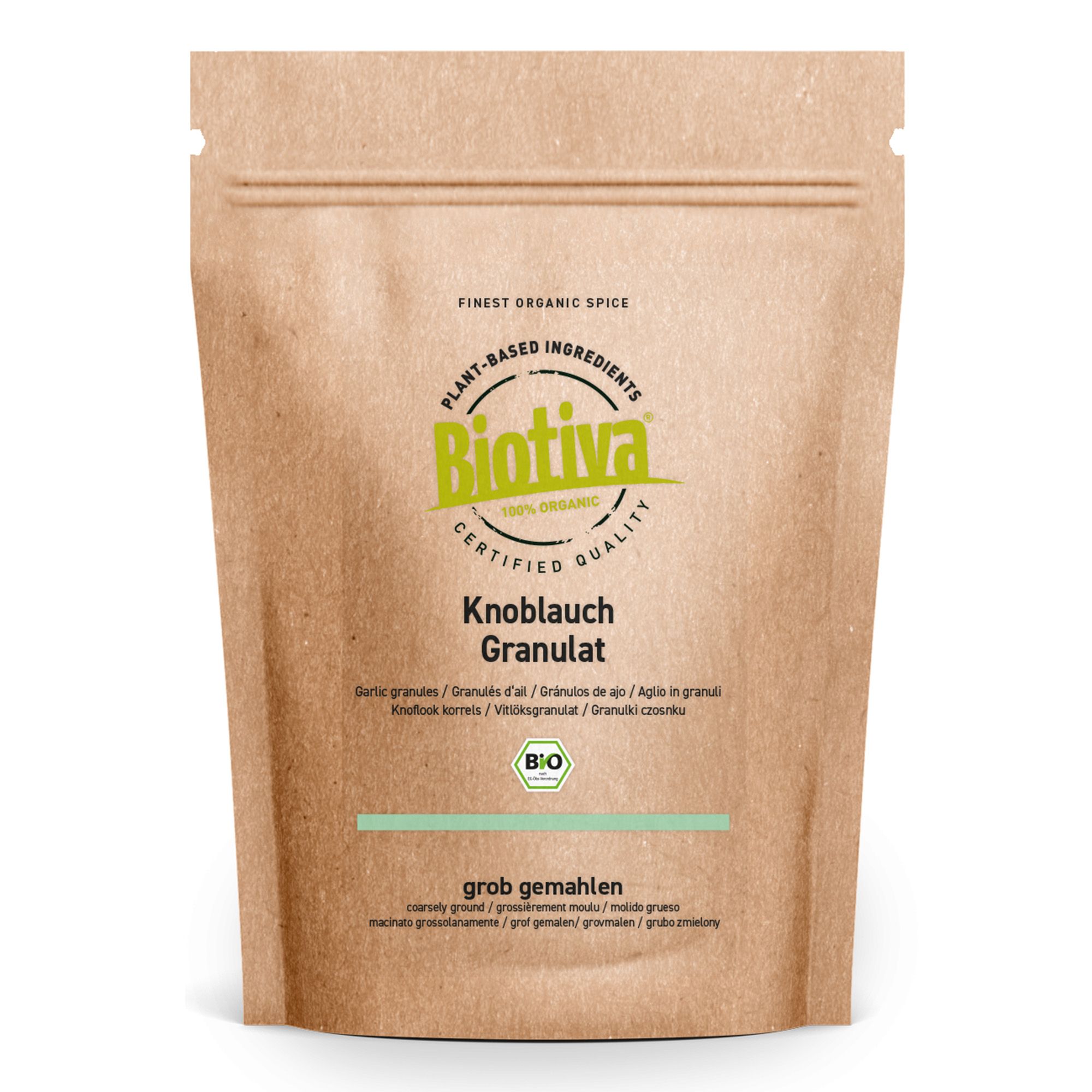 Braune Papiertüte mit Aufdruck. Text: Biotiva, Knoblauch Granulat, grob gemahlen. Bio-Siegel. Feines Bio-Gewürz.